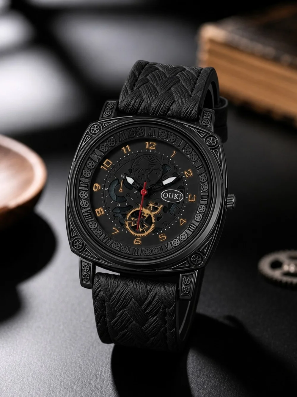 Black Men's Fashion Business Quartz Watch  Woven PU Leather Band Hollow Dial